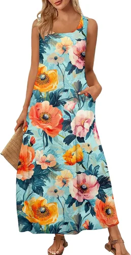 Vista 30 de Vestidos de iglesia para mujer 2025, casual, holgado, sin mangas, largo, fluido, vestido de verano con bolsillos
