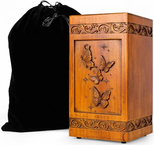 Vista 9 de Urna de cremación grande de madera para cenizas humanas para adultos, colibrí hecha a mano y grabado floral, urna funeraria para madre, padre
