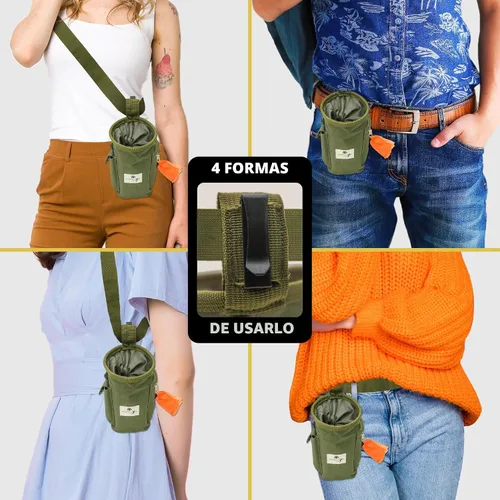 Vista 5 de INSPECTOR TAIL Bolsa de golosinas para perros con cordón para evitar derrames, bolsa de 2 tazas Manos libres con 4 formas de llevar bolsa