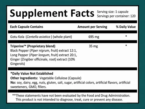 Vista 2 de Harmony Nutraceuticals Gotu Kola Supreme, Centella asiática con triperina, 120 cápsulas vegetarianas, fabricadas en Estados Unidos