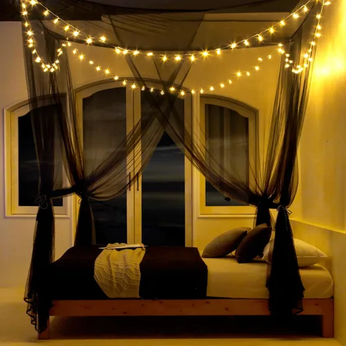 Vista 2 de Twinkle Star Mosquitera de 4 esquinas con 100 luces LED de estrella, funciona con pilas, cortinas de cama para cama