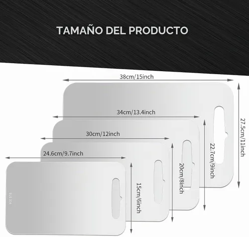 Vista 2 de 4 tablas de cortar de acero inoxidable 304 de acero inoxidable de doble cara con 4 paños de limpieza para cocina, carne, frutas y verduras