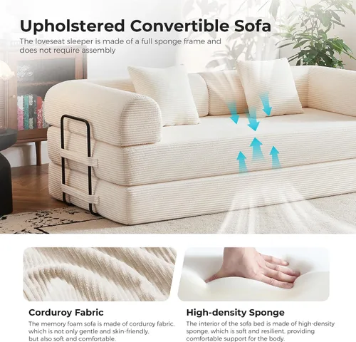 Vista 4 de Sofá cama convertible 5 en 1 de 79 pulgadas, sin montaje, sofá cama sin hueso con espuma de alta densidad, sofá cama plegable, sofá modular de pana