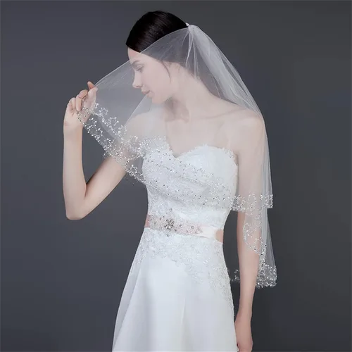 Vista 2 de FIXRIMCH Velos de boda para cubrir la cara, velo de tul 2T con cuentas para despedida de soltera, blanco