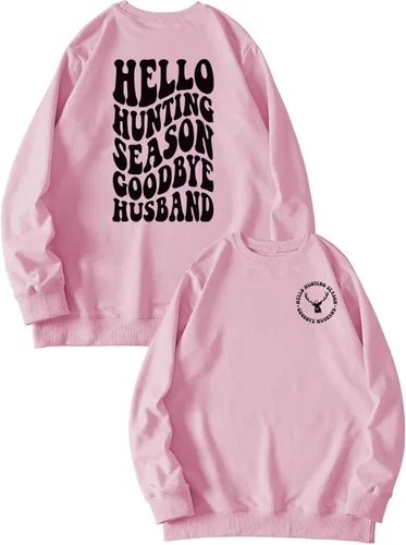Vista 19 de DUDIHOHX Hello Hunting Season Goodbye Husband - Sudadera de manga larga con estampado de moda, casual, cuello redondo