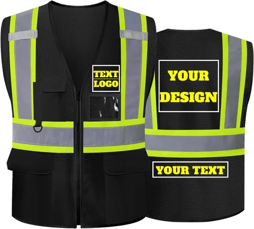 Vista 6 de Chaleco de seguridad reflectante de malla con logotipo personalizado Clase 2 con 5 bolsillos y cremallera