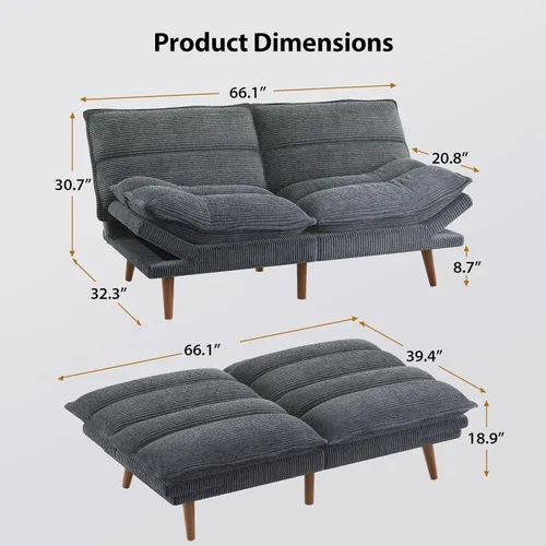 Vista 2 de Pipishell Sofá cama futón, futón convertible con respaldo ajustable y reposabrazos, sofá cama de pana para espacios pequeños, sala de estar, Gris