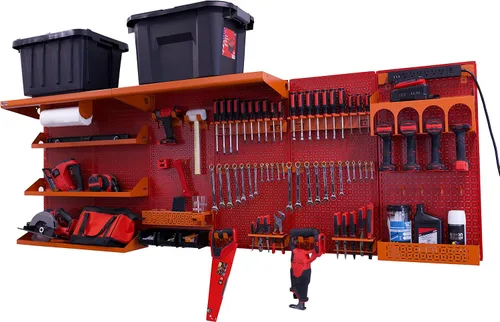 Vista 23 de OmniWall Weekend Warrior Ultimate Tool Kit - Sistema de Almacenamiento de Pared de Tablero de Clavos de Metal de 96" x 32" Negro/Naranja