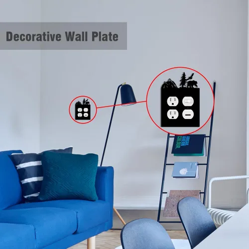 Vista 3 de Eagle & Bear - Placa de pared con interruptor de luz, doble dúplex, habitación de cabaña negra Cubiertas decorativas de metal para enchufe, se