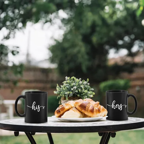 Vista 2 de Kunlisa Juego de tazas de café para él y ella, regalo de compromiso de boda para parejas, recién casados, marido y esposa, tazas a juego para negro