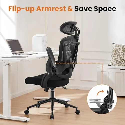 Vista 5 de Silla de oficina ergonómica de malla, silla de escritorio de computadora con respaldo alto con reposacabezas ajustable y soporte lumbar, silla