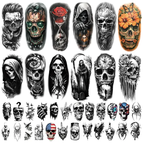 Vista 13 de 77 hojas de tatuajes temporales para mujeres y hombres, 17 hojas de tatuajes falsos grandes de ángel negro y diablo, 60 hojas de alas de corazón