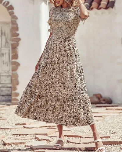 Vista 134 de BTFBM Vestidos para mujer, cuello redondo, casual, de verano, con volantes, manga corta, bohemio, con niveles, fruncido, largo, con estampado floral