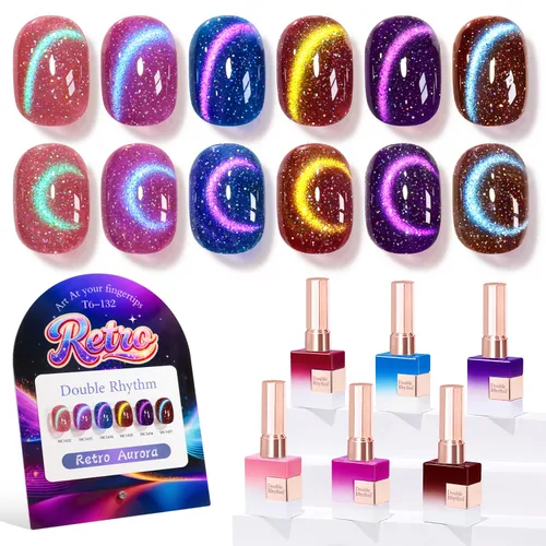 Vista 38 de Double Rhythm - Juego de esmalte de uñas de gel ojo de gato de 6 unidades, mismo color, misma botella, 14.8 ml, brillo con glitter, con imán Aurora