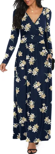 Vista 28 de LILBETTER - Vestido largo de manga larga, cuello en V profundo, holgado, liso y casual para mujer Verde militar