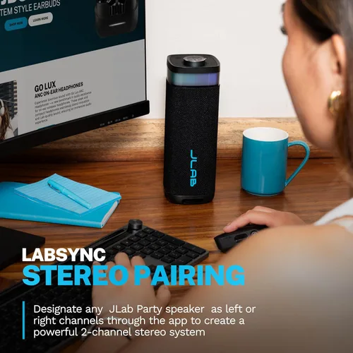 Vista 5 de JLab JBuds Party - Altavoz Bluetooth Portátil, 2 Controladores de Rango Completo + 2 Woofers Pasivos, IP56 Resistente al Agua, 12 Horas de Negro