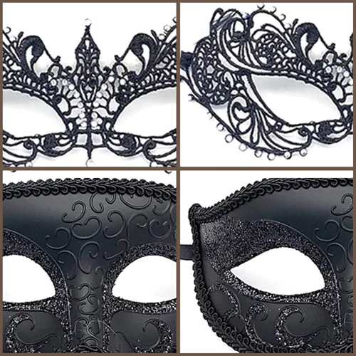 Vista 4 de Vtrem Máscara de mascarada para parejas juego de máscaras negras para fiesta de Mardi Gras para mujeres, hombres, papá, hija, graduación, pareja