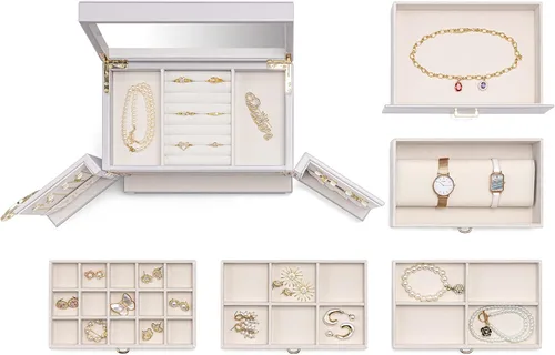Vista 7 de Vlando Joyero organizador grande de piel sintética con 5 dibujos, cajas de joyería de espejo con aretes, collares, anillos, regalo del día de San