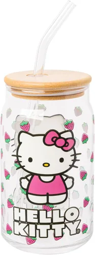 Vista 23 de Silver Buffalo Sanrio - Vaso de vidrio con tapa de bambú y sorbete de vidrio de fotos de Badtz-Maru, 16 onzas