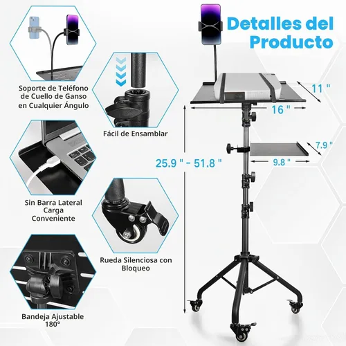 Vista 5 de Soporte ajustable para proyector de computadora portátil con ruedas