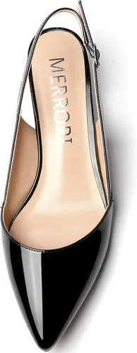 Vista 3 de MERRORI Zapatos de vestir con espalda cruzada para mujer, tacón bajo grueso, de patente, sin cordones, punta puntiaguda, zapatos de tacón bajo, 1.5