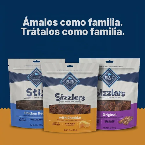Vista 9 de Blue Buffalo Sizzlers Golosinas para perros estilo tocino con cerdo real de Estados Unidos, sabor cheddar, bolsa de 15 onzas