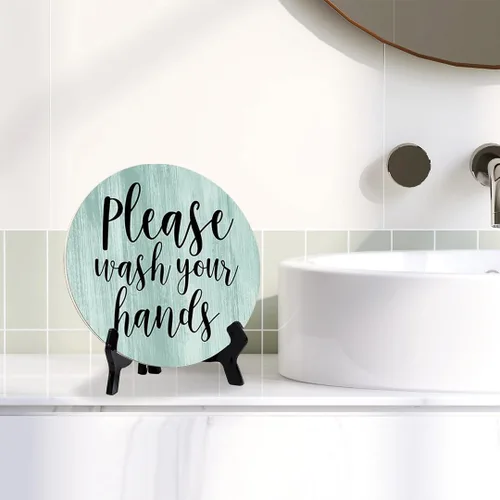 Vista 9 de Round Please Wash Your Hands, letrero decorativo de mesa de baño verde claro con caballete acrílico