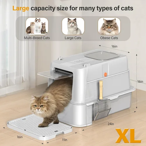 Vista 3 de HEGGCOOE Caja de Arena Cerrada de Acero Inoxidable para Gatos con Tapa, XL Caja de Arena Grande de Metal con Cajón para Gatos Grandes, Caja de Arena