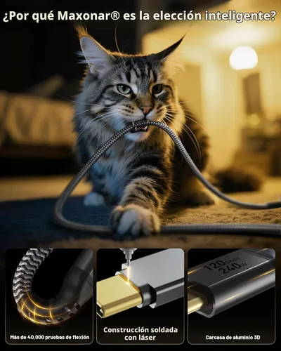 Vista 6 de Maxonar Cable Thunderbolt 5 de 1 pie de 80 Gbps, aumento de ancho de banda de hasta 120 Gbps, potencia de 240 W, pantalla dual de 8 K, compatible