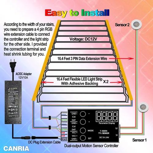 Vista 3 de Luz de escalera de color con sensor bidireccional de agua que fluye, sensor de movimiento, controlador LED, tira de luz flexible de 12 V, 16.4 pies