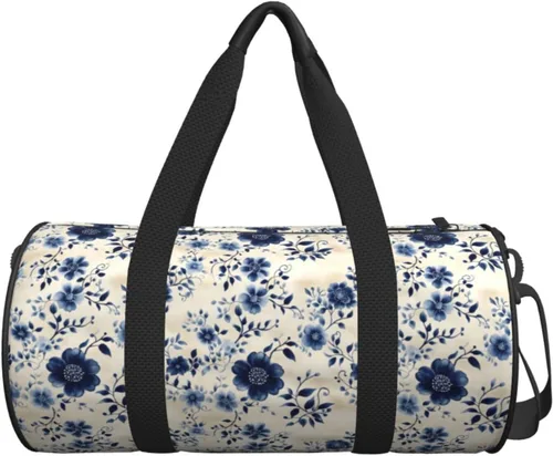 Vista 7 de Large Duffle Bag for Travel - Retro Blue Flower Print Gym Bag for Women Men, Travel Foldable Bags for Women Men with Zippered Multiple Pockets