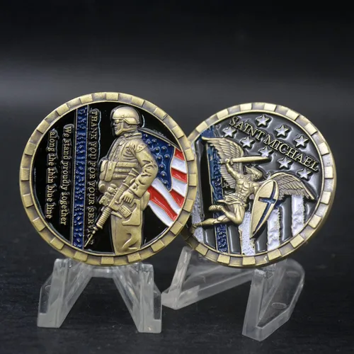 Vista 4 de Glamtune EEUU Policía Policía Oficial Challenge Coin Saint Michael Thin Blue line Oración Militar Moneda
