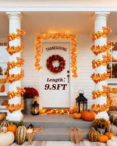 Vista 5 de Guirnalda de otoño de 60 luces LED de 9.8 pies con luces, 8 modos de iluminación, luces de hojas de arce alimentadas por pilas, decoraciones