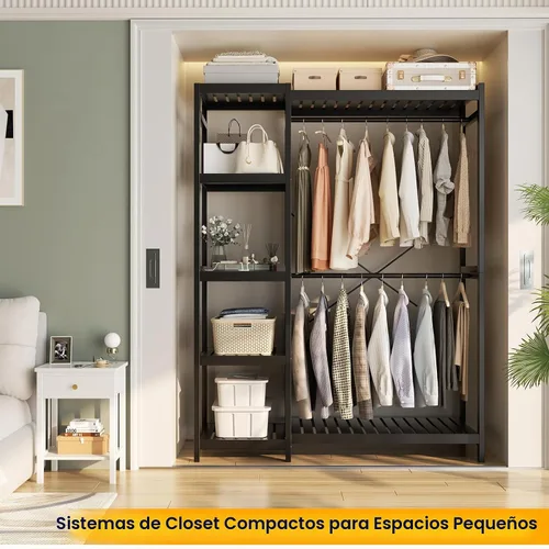Vista 3 de Perchero de bambú para colgar ropa, perchero resistente con estantes ajustables de 7 niveles, varillas dobles, 4 ganchos, sistema de armario Negro