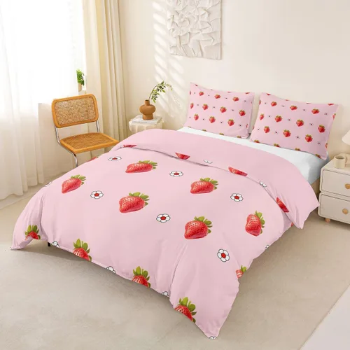 Vista 29 de Erosebridal - Juego de ropa de cama kawaii, juego de funda de edredón con diseño de fresa rosa, para mujeres, niñas y niños, decoración