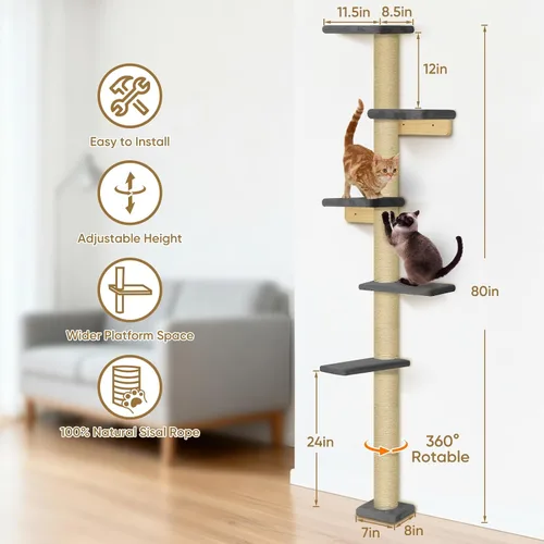 Vista 3 de PAWSCRAT Árbol para gatos montado en la pared, torre para gatos de piso a techo de 5 niveles, poste rascador para gatos montado en la pared de 80