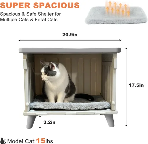 Vista 5 de Casa para gatos al aire libre, resistente a la intemperie, refugio para gatos con puerta de escape y solapa de puerta de PET, apilable elevado