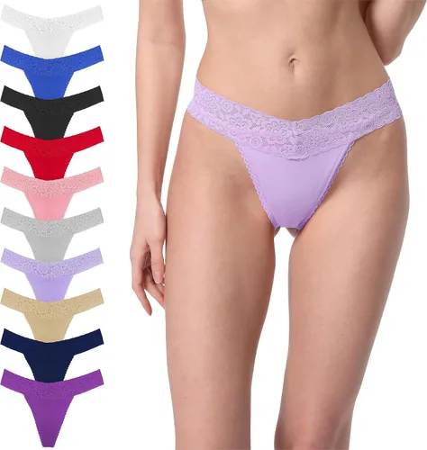 Vista 16 de T Back Sexy Low Rise Elástico Invisible Patrones Encaje Algodón Mujeres Tangas Pack Tangas de cinturón de 10