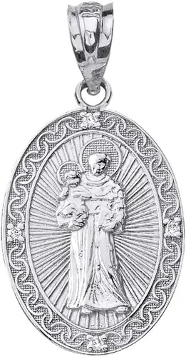 Vista 5 de Colgante de plata de ley 925 con medalla ovalada de 3/4 pulgadas con circonita cúbica de San Antonio, elige solo colgante o collar con cadena de 16