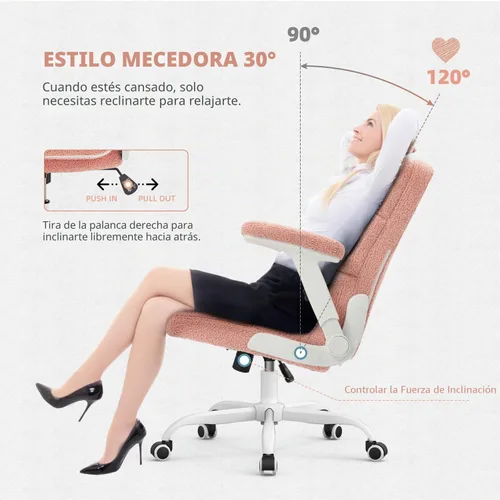Vista 4 de SEATZONE Silla de oficina rosa ergonómica con ruedas, silla de escritorio para computadora de felpa sintética, silla de oficina cómoda para mujeres