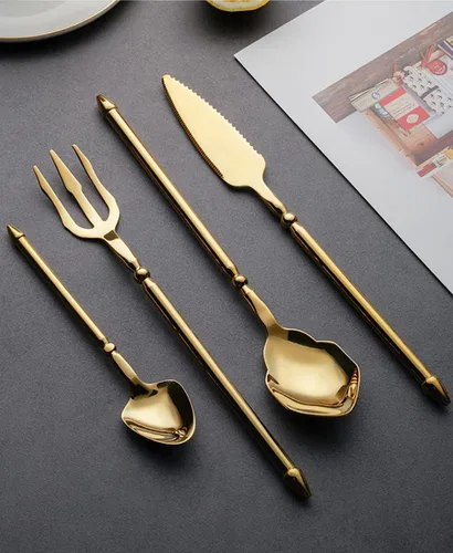 Vista 4 de Juego de cubiertos dorados para 6 cubiertos duraderos de acero inoxidable 18/10, estilos creativos, 24 piezas de cubiertos modernos para el hogar