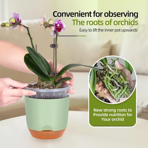 Vista 3 de QCQHDU Macetas de orquídeas de 7.2 pulgadas con agujeros para trasplantar, macetas de plástico de doble capa con riego automático para plantas