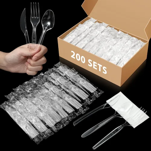 Vista 2 de Uiifan 1 juego de cubiertos de plástico envueltos individualmente, cubiertos desechables a granel, tenedor, cuchara, servilleta kit para salón
