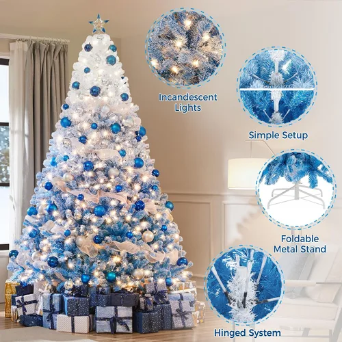 Vista 2 de Yaheetech - Árbol artificial de Navidad preiluminado de 9 pies con 900 luces incandescentes de color blanco cálido, árbol de Navidad con flecos