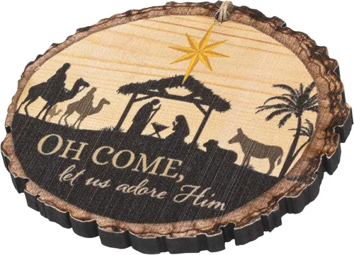 Vista 3 de O Come Let Us Adore Him Belén Corteza de árbol de madera, adorno de árbol de Navidad de 4 pulgadas