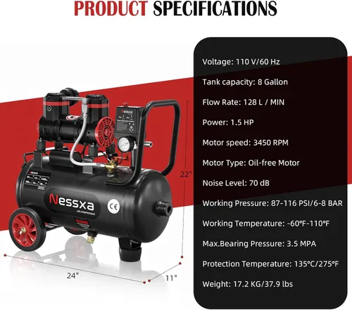 Vista 5 de Compresor de aire ultra silencioso de 8 galones, 1.5HP 4.52 CFM, tanque de compresor de aire sin aceite máximo de 115 PSI para reparación