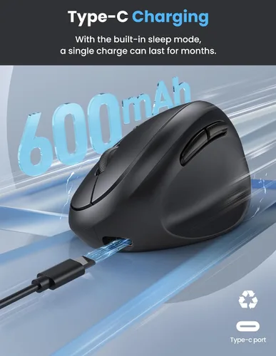 Vista 4 de TECKNET Ratón Ergonómico, Ratón Vertical Inalámbrico Bluetooth, Batería Recargable, Clics Silenciosos, DPI Ajustable de 4800, Conexión BT5.0/3.0