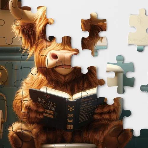 Vista 3 de Divertido rompecabezas de vaca Highland para adultos de 1000 piezas, lindo rompecabezas de animales con vaca leyendo un libro, rompecabezas de papel