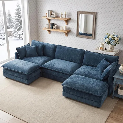 Vista 85 de Sofá individual modular de chenilla con otomana, sofá nube con almohada, color beige