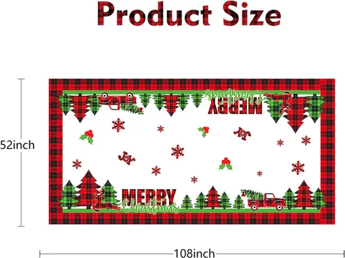 Vista 2 de pinkblume Mantel de Navidad rectangular de 4.3 x 9 pies, diseño de búfalo a cuadros, árbol de Navidad, camión rojo, alegría y alegría, letrero